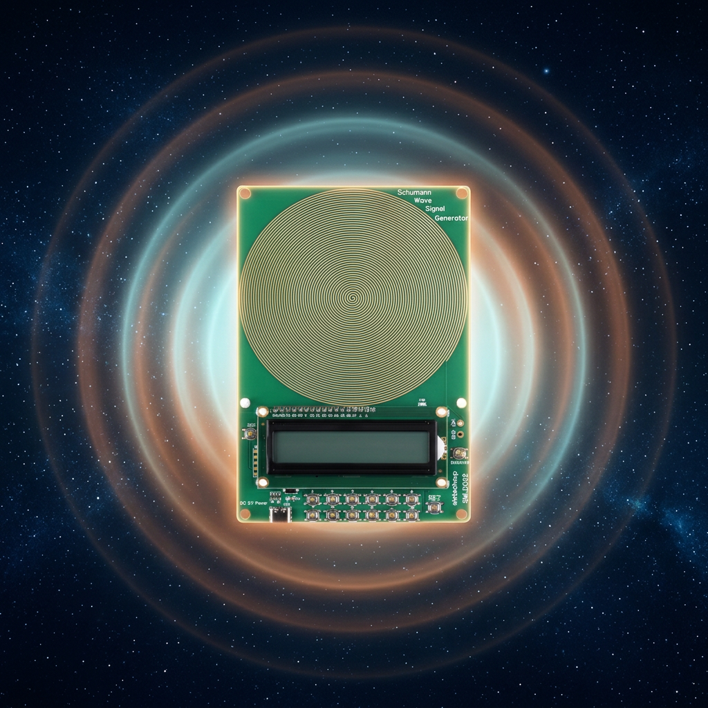 HarmonyWave Earth Harmony Resonator — circular copper spiral coil device emitting a soft aurora glow